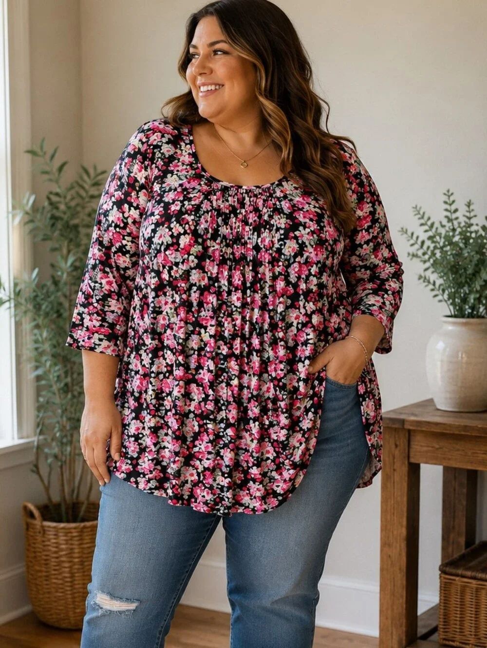 Larace Floral Swing Tunic Top, Black with Pink & White Flowers